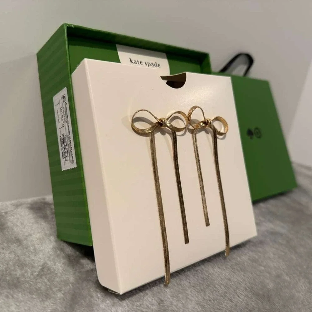 Kate‎ Spade New York Gold Bow Snake Chain Tassel Drop Dangle Earrings Brand New